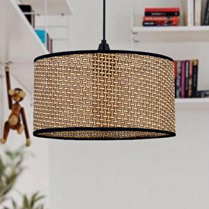 Rakkas Hasır Kaplama Metal Kasalı Silindir Kahverengi Avize Salon Yatak Odası Rattan Sarkıt A.Kahverengi-Bej