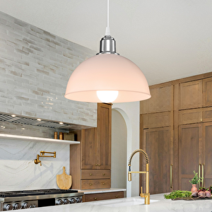 Haus Yarım Küre Opak Beyaz Abs Krom Kuka Süslü Sarkıt Mutfak Salon Avize Kafe Kuaför Aydınlatma 2155 Soğuk Beyaz