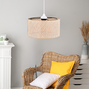 Rakkas Hasır Kaplama Metal Kasalı Silindir Krem Turuncu Avize Salon Yatak Odası Rattan Sarkıt Açık Turuncu