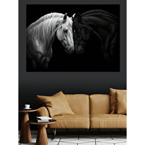 Siyah Beyaz At Dekoratif Kanvas - Mdf Ahşap Tablo 100x140 cm