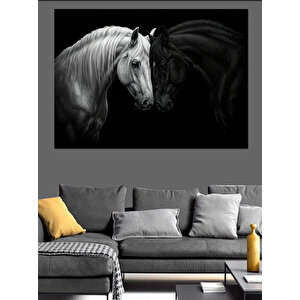 Siyah Beyaz At Dekoratif Kanvas - Mdf Ahşap Tablo 70x100 cm