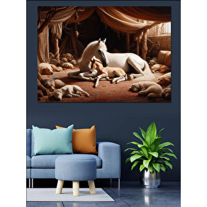 Masalsı Beyaz At Dekoratif Kanvas - Mdf Ahşap Tablo 70x100 cm