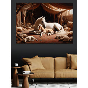 Masalsı Beyaz At Dekoratif Kanvas - Mdf Ahşap Tablo 100x140 cm