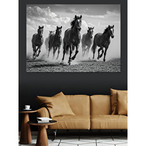 Siyah Beyaz Koşan Atlar Dekoratif Kanvas - Mdf Ahşap Tablo