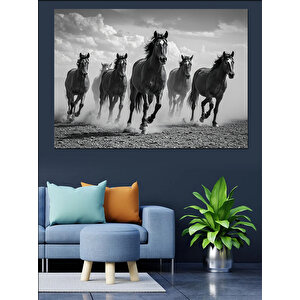Siyah Beyaz Koşan Atlar Dekoratif Kanvas - Mdf Ahşap Tablo