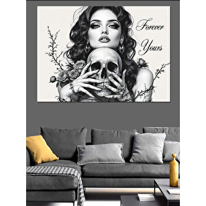 Kafatası Tutan Kadın Dekoratif Kanvas - Mdf Ahşap Tablo 35x50 cm