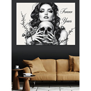 Kafatası Tutan Kadın Dekoratif Kanvas - Mdf Ahşap Tablo 35x50 cm