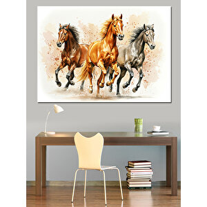 Koşan Üç At Dekoratif Kanvas - Mdf Ahşap Tablo 70x100 cm