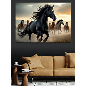Koşan Siyah Atlar Dekoratif Kanvas - Mdf Ahşap Tablo