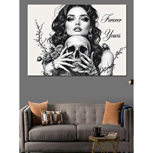 Kafatası Tutan Kadın Dekoratif Kanvas - Mdf Ahşap Tablo