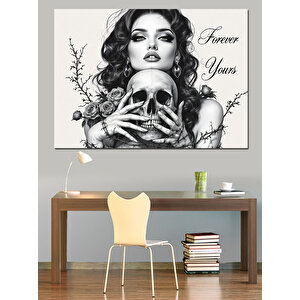 Kafatası Tutan Kadın Dekoratif Kanvas - Mdf Ahşap Tablo