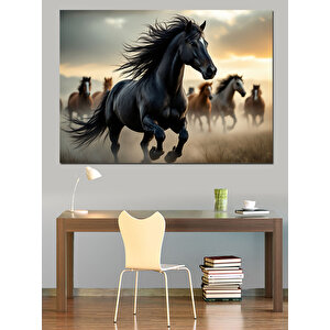 Koşan Siyah Atlar Dekoratif Kanvas - Mdf Ahşap Tablo 35x50 cm