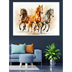 Koşan Üç At Dekoratif Kanvas - Mdf Ahşap Tablo 25x35 cm