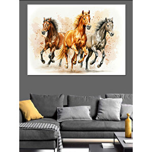Koşan Üç At Dekoratif Kanvas - Mdf Ahşap Tablo