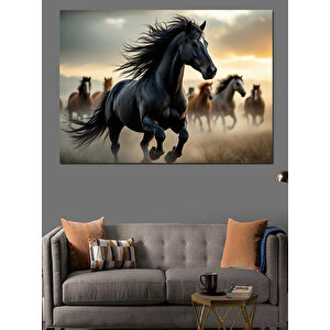 Koşan Siyah Atlar Dekoratif Kanvas - Mdf Ahşap Tablo 50x70 cm