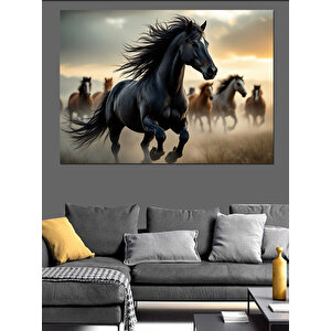 Koşan Siyah Atlar Dekoratif Kanvas - Mdf Ahşap Tablo 50x70 cm