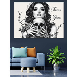 Kafatası Tutan Kadın Dekoratif Kanvas - Mdf Ahşap Tablo 70x100 cm
