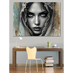 Beyaz Başörtülü Kadın Dekoratif Kanvas - Mdf Ahşap Tablo 35x50 cm