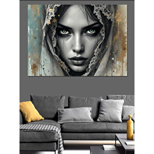 Beyaz Başörtülü Kadın Dekoratif Kanvas - Mdf Ahşap Tablo 35x50 cm