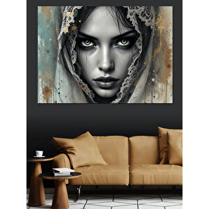 Beyaz Başörtülü Kadın Dekoratif Kanvas - Mdf Ahşap Tablo