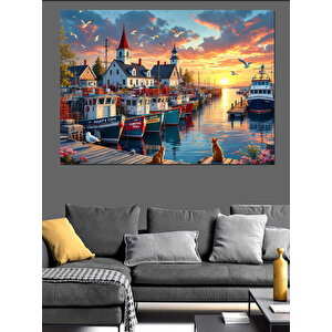 Liman Manzaralı Günbatımı Dekoratif Kanvas - Mdf Ahşap Tablo