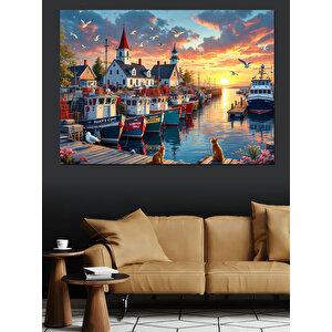 Liman Manzaralı Günbatımı Dekoratif Kanvas - Mdf Ahşap Tablo