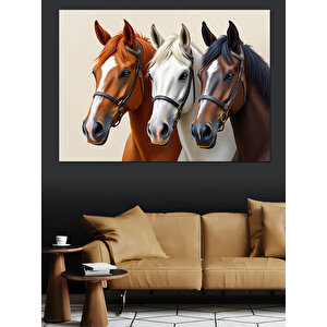 Üç Asil At Kafası Dekoratif Kanvas - Mdf Ahşap Tablo 50x70 cm