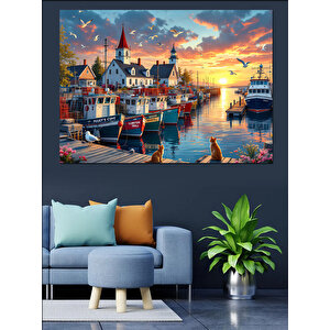 Liman Manzaralı Günbatımı Dekoratif Kanvas - Mdf Ahşap Tablo 70x100 cm