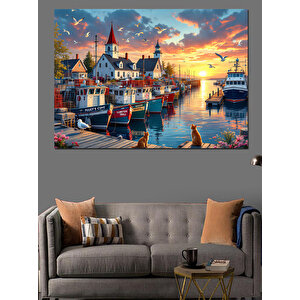 Liman Manzaralı Günbatımı Dekoratif Kanvas - Mdf Ahşap Tablo 70x100 cm