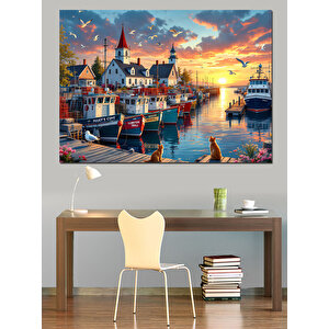 Liman Manzaralı Günbatımı Dekoratif Kanvas - Mdf Ahşap Tablo 70x100 cm