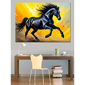Koşan Siyah At Dekoratif Kanvas - Mdf Ahşap Tablo 100x140 cm