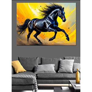 Koşan Siyah At Dekoratif Kanvas - Mdf Ahşap Tablo 100x140 cm