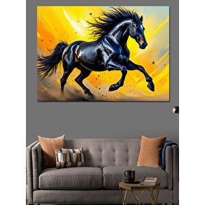 Koşan Siyah At Dekoratif Kanvas - Mdf Ahşap Tablo 70x100 cm