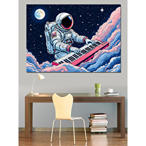 Piyano Çalan Uzay Astronotu Dekoratif Kanvas - Mdf Ahşap Tablo