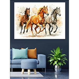 Koşan Üç At İllüstrasyon Dekoratif Kanvas - Mdf Ahşap Tablo 50x70 cm