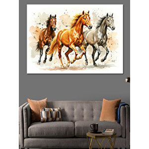 Koşan Üç At İllüstrasyon Dekoratif Kanvas - Mdf Ahşap Tablo 50x70 cm