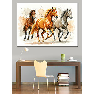 Koşan Üç At İllüstrasyon Dekoratif Kanvas - Mdf Ahşap Tablo 50x70 cm