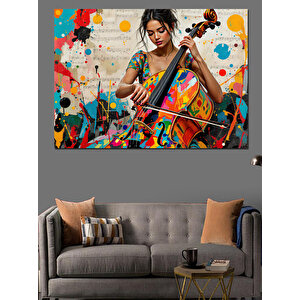 Renkli Çello Çalan Kadın Dekoratif Kanvas - Mdf Ahşap Tablo 50x70 cm