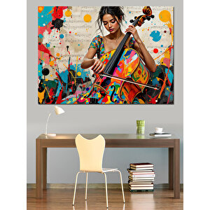 Renkli Çello Çalan Kadın Dekoratif Kanvas - Mdf Ahşap Tablo 50x70 cm