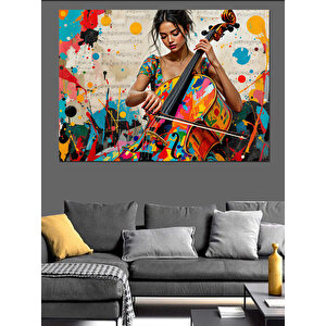 Renkli Çello Çalan Kadın Dekoratif Kanvas - Mdf Ahşap Tablo 50x70 cm