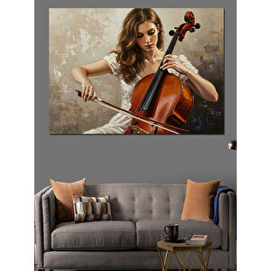 Çello Çalan Güzel Kadın Dekoratif Kanvas - Mdf Ahşap Tablo 70x100 cm