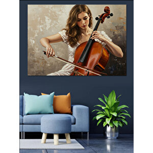 Çello Çalan Güzel Kadın Dekoratif Kanvas - Mdf Ahşap Tablo 25x35 cm