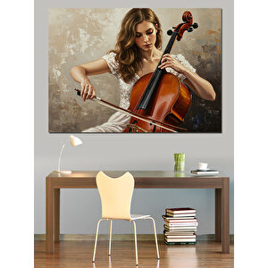 Çello Çalan Güzel Kadın Dekoratif Kanvas - Mdf Ahşap Tablo 25x35 cm