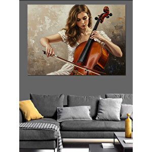 Çello Çalan Güzel Kadın Dekoratif Kanvas - Mdf Ahşap Tablo
