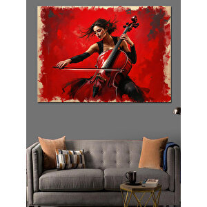 Çello Çalan Kırmızı Kadın Dekoratif Kanvas - Mdf Ahşap Tablo 35x50 cm