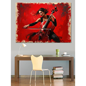 Çello Çalan Kırmızı Kadın Dekoratif Kanvas - Mdf Ahşap Tablo 35x50 cm