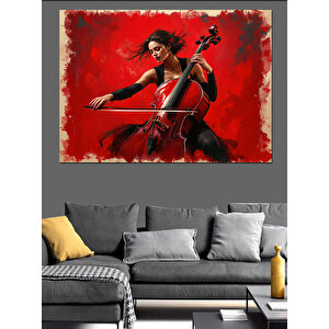 Çello Çalan Kırmızı Kadın Dekoratif Kanvas - Mdf Ahşap Tablo 35x50 cm