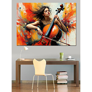 Tutkulu Çello Çalan Kadın Dekoratif Kanvas - Mdf Ahşap Tablo 100x140 cm