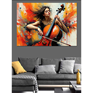 Tutkulu Çello Çalan Kadın Dekoratif Kanvas - Mdf Ahşap Tablo 100x140 cm
