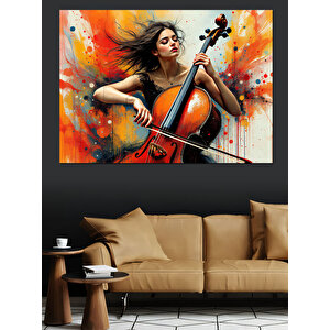 Tutkulu Çello Çalan Kadın Dekoratif Kanvas - Mdf Ahşap Tablo 100x140 cm